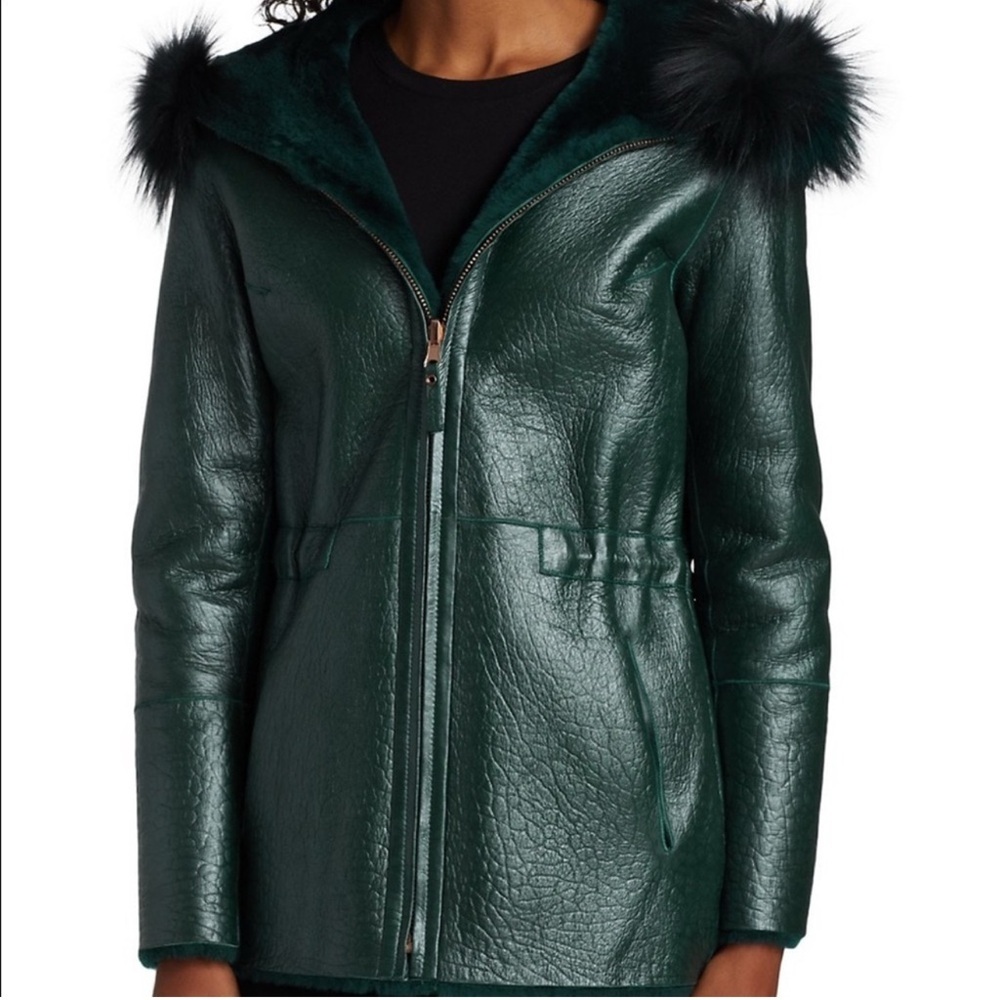 Elegant Dark Green Leather Jacket with Faux Fur Trim Size S